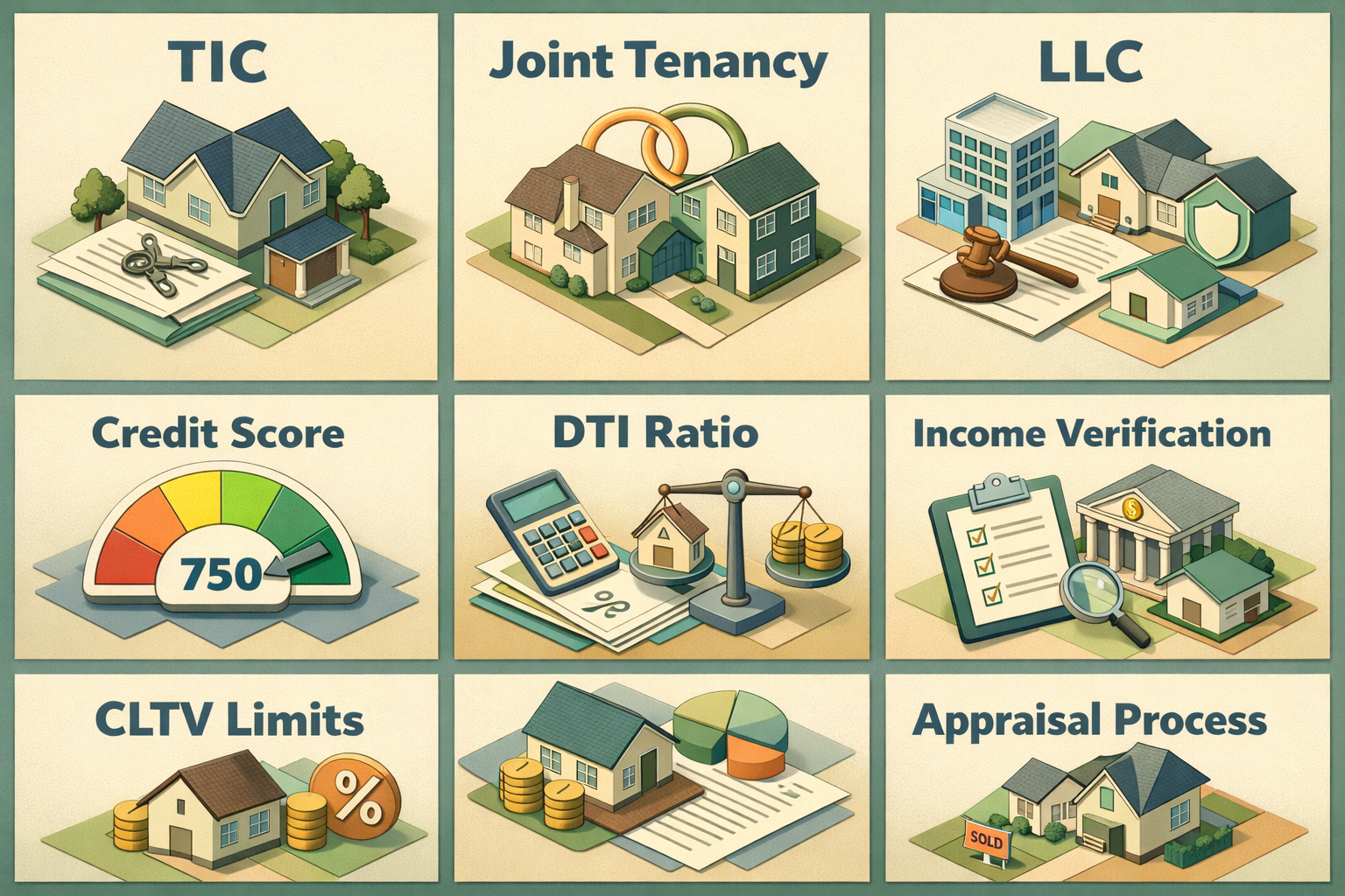 Infographic illustrating co-ownership types, eligibility criteria, and equity requirements for HELOC on vacation properties.