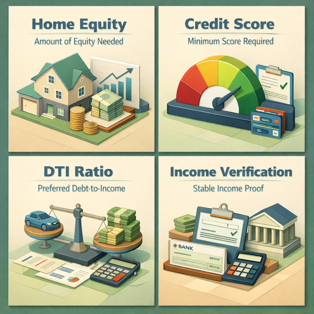 Infographic showing HELOC requirements including home equity, credit score, DTI ratio, and income verification for food truck owners.