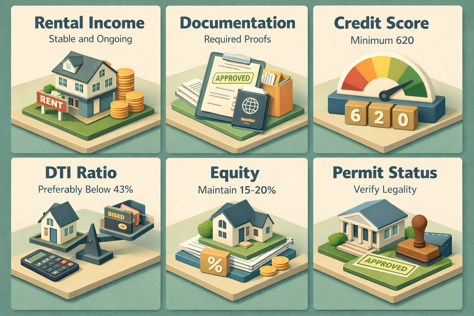 Infographic detailing HELOC requirements for ADU properties including rental income, documentation, credit score, DTI ratio, equity, and permit status.