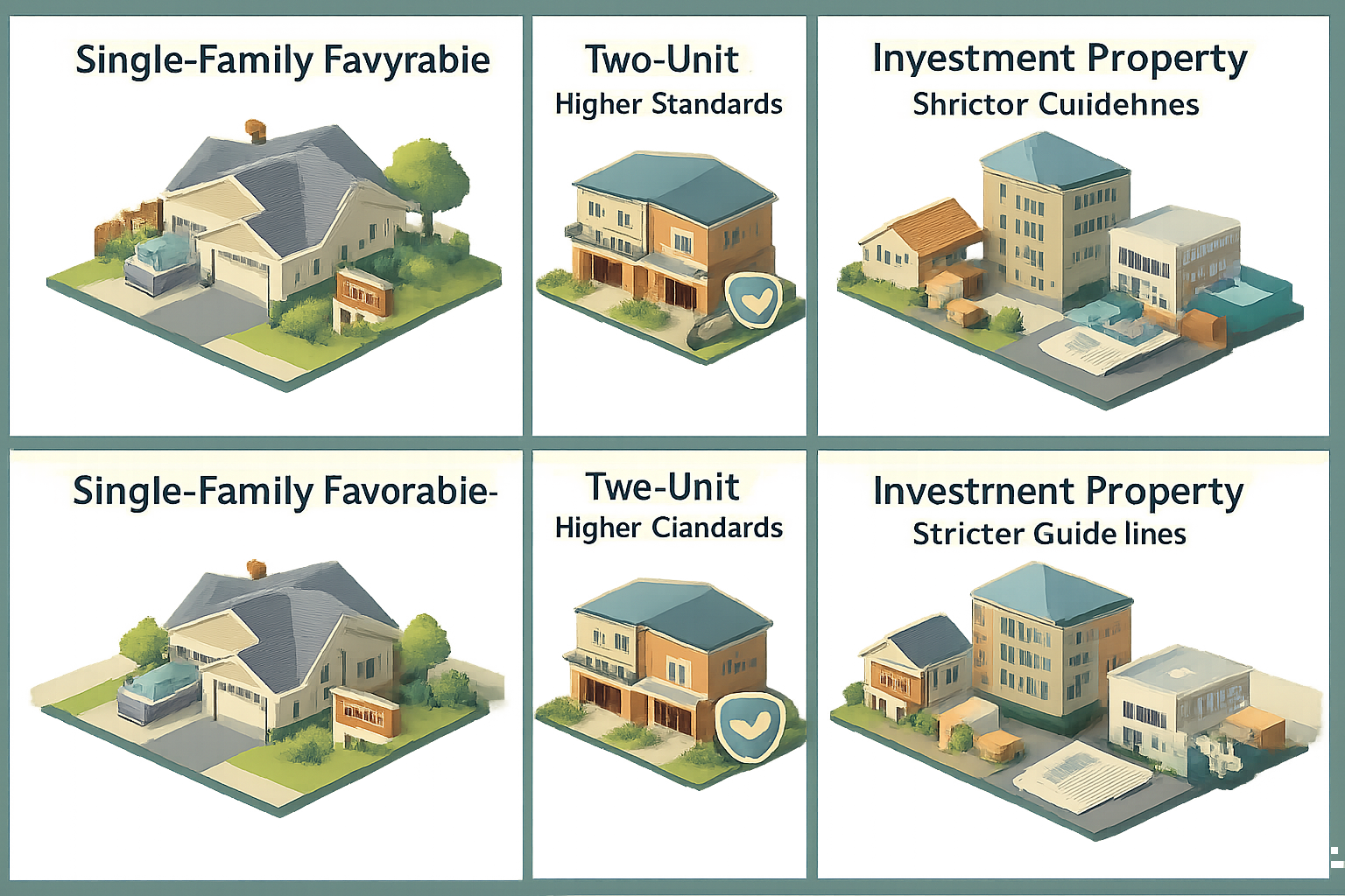 Infographic showing property classifications for HELOC: Single-Family, Two-Unit, and Investment Property with guidelines.
