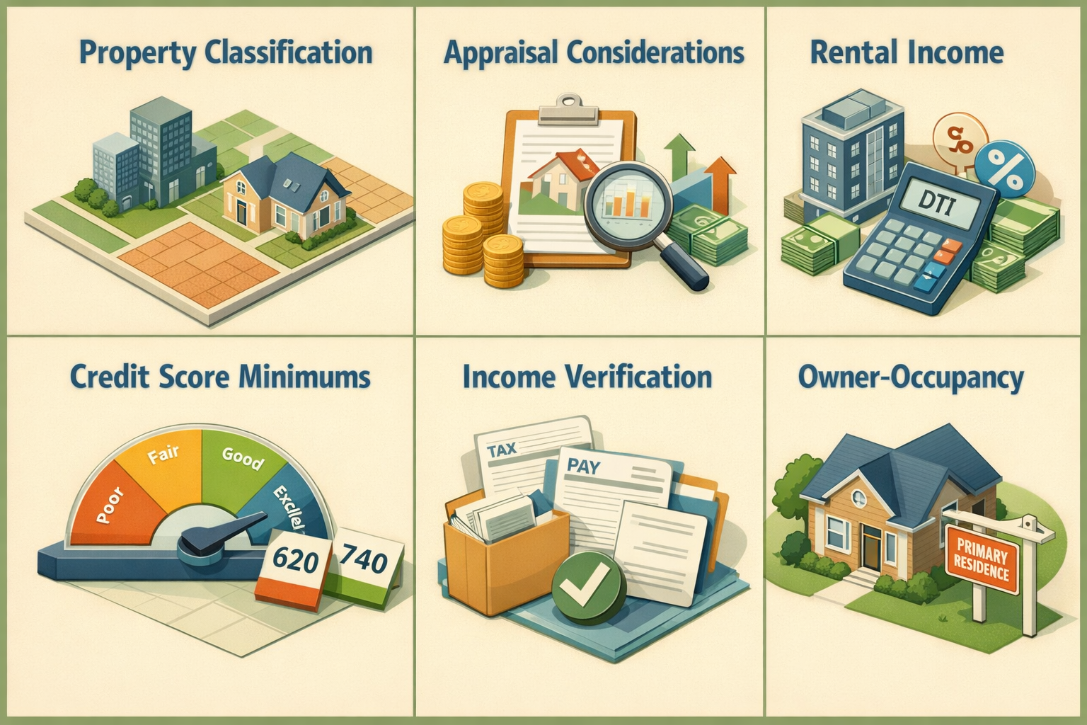 Infographic on HELOC eligibility for ADU properties covering classification, appraisal, rental income, credit score, income verification, and occupancy rules.