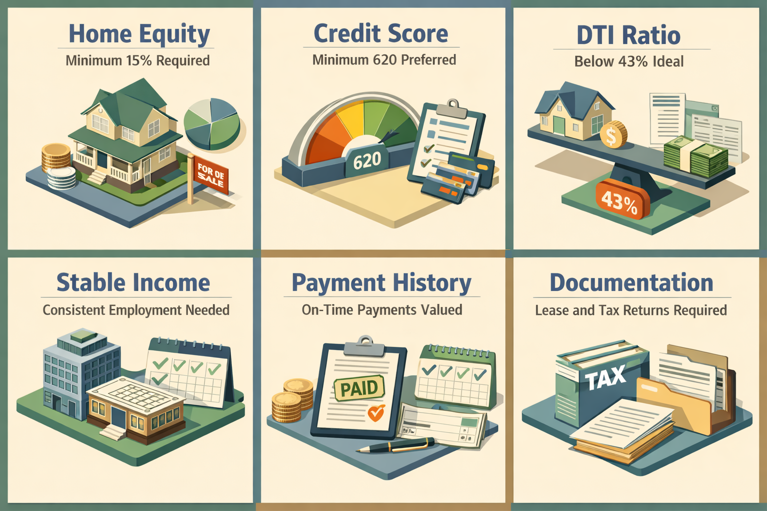 HELOC eligibility requirements including Home Equity, Credit Score, DTI Ratio, Stable Income, Payment History, and Documentation.
