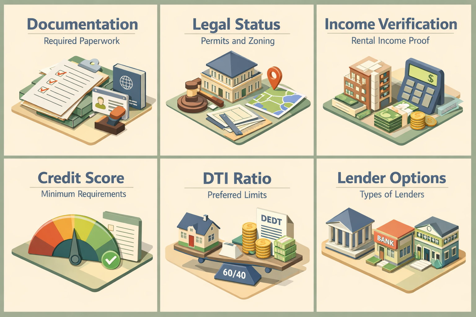 Infographic detailing HELOC requirements for properties with ADUs, including documentation, legal status, income verification, credit score, DTI ratio, and lender options.