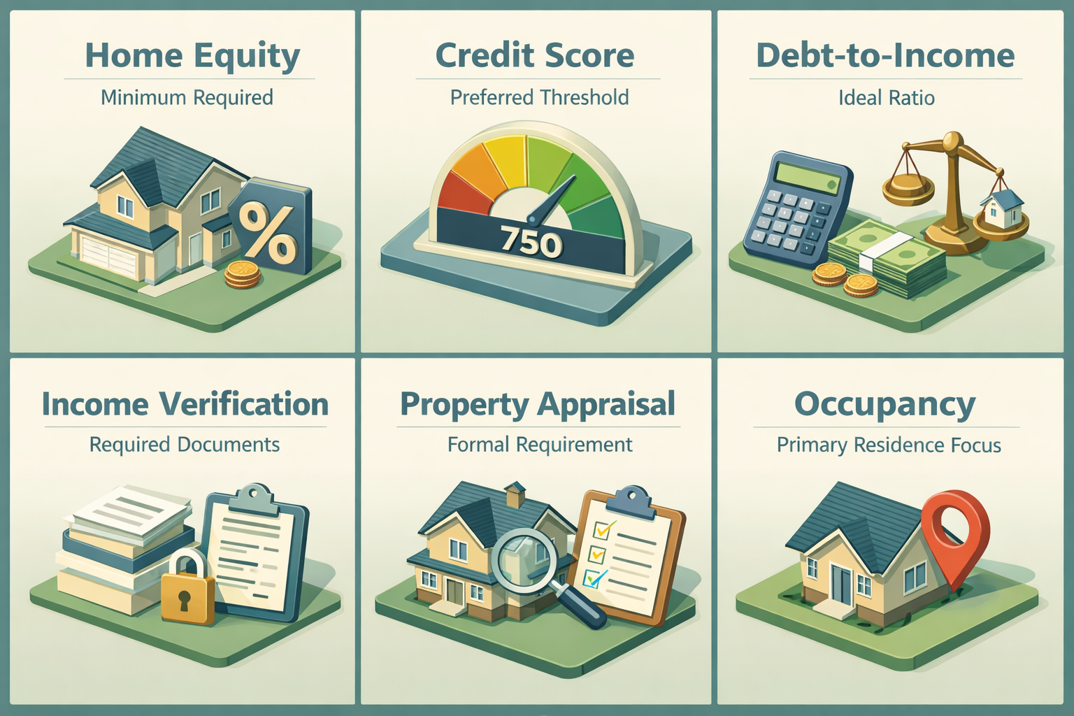 Infographic detailing core HELOC requirements including home equity, credit score, debt-to-income ratio, income verification, property appraisal, and occupancy.