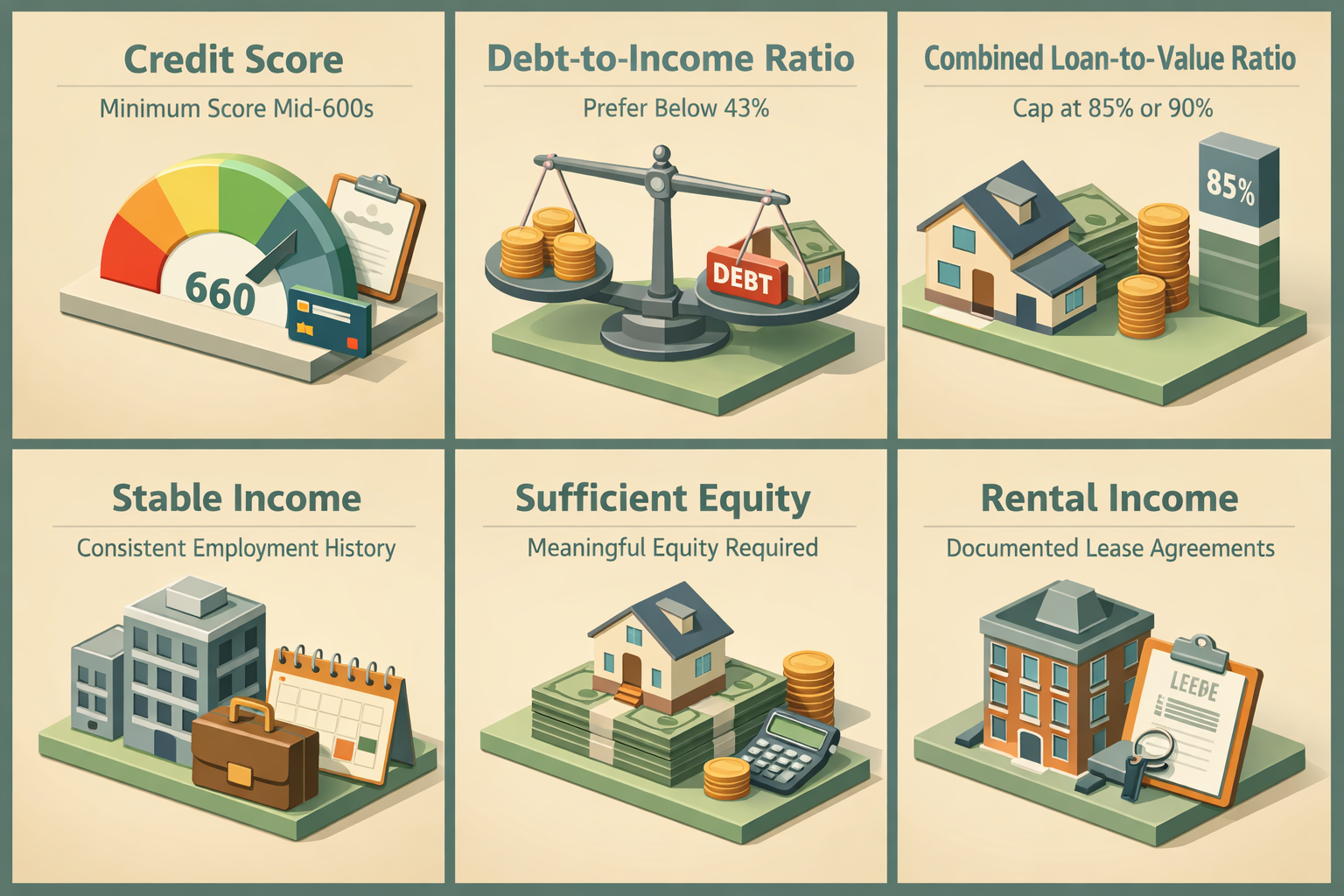 Key borrower qualification criteria for a HELOC on a converted property including credit score, DTI, CLTV, income, equity, and rental income.