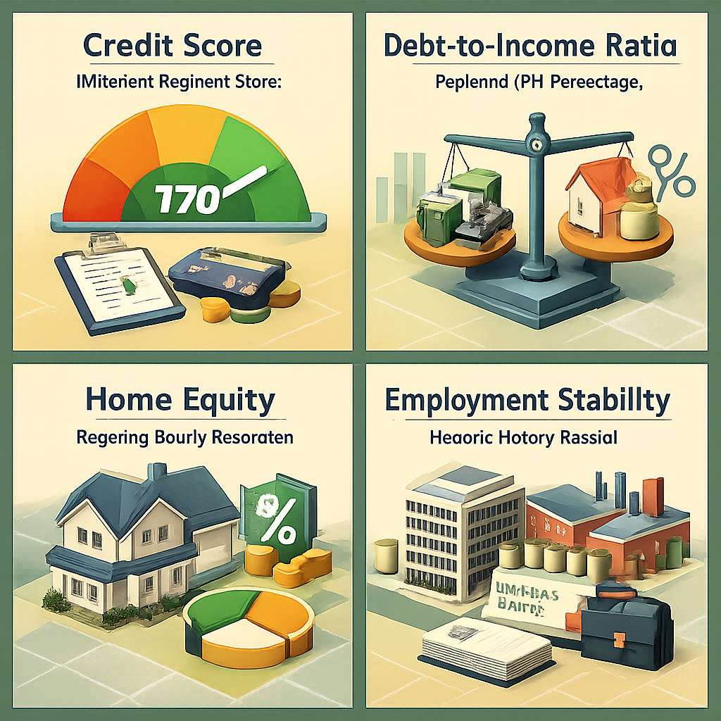 Infographic showing key HELOC qualification criteria: Credit Score, Debt-to-Income Ratio, Home Equity, Employment Stability.