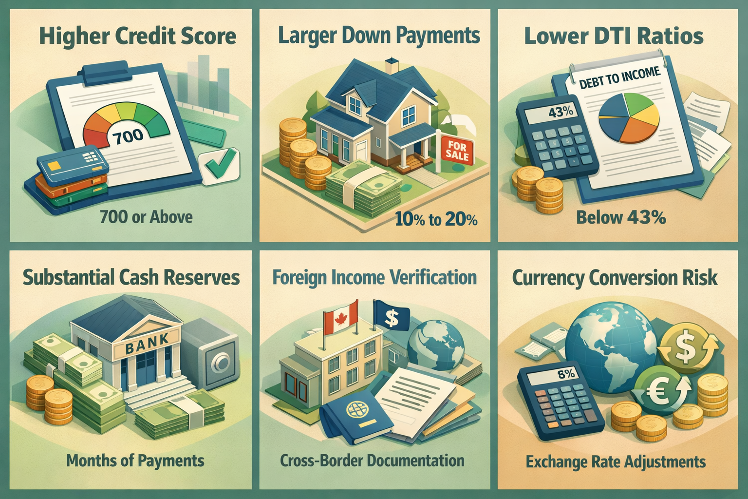 Infographic detailing jumbo loan requirements including credit score, down payments, DTI ratios, cash reserves, foreign income verification, and currency risk.