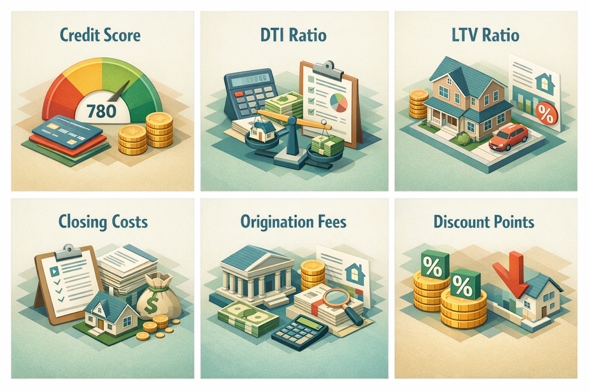 Infographic explaining credit score, DTI ratio, LTV ratio, closing costs, origination fees, and discount points.