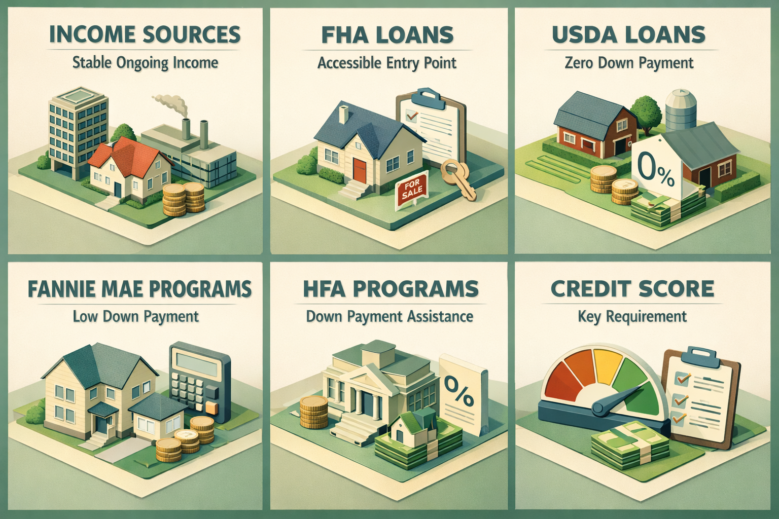 Infographic on income sources, FHA loans, USDA loans, Fannie Mae programs, HFA programs, and credit score requirements for Medicaid recipients.