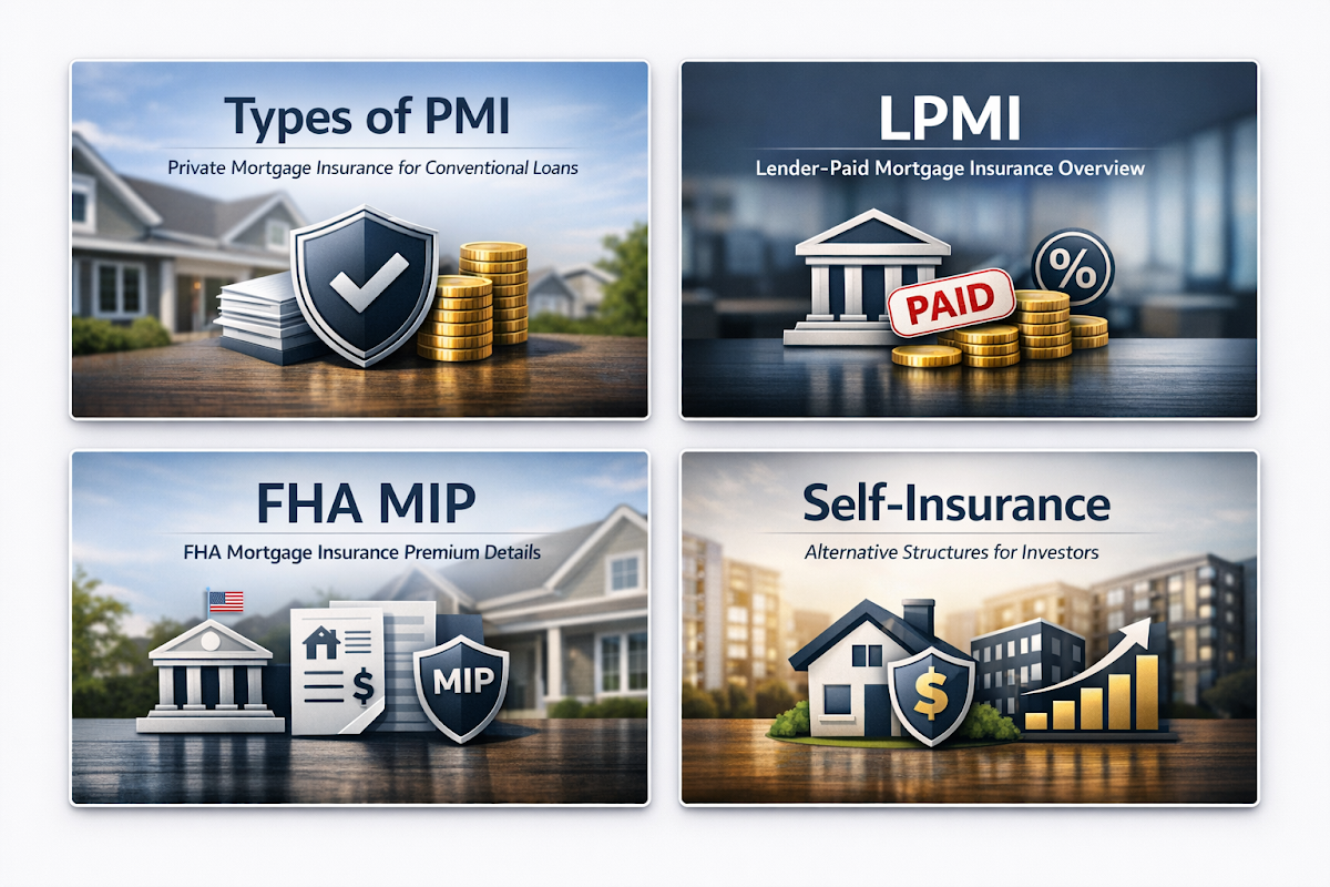 Infographic showing types of mortgage insurance including PMI, LPMI, FHA MIP, and self-insurance options for investors.