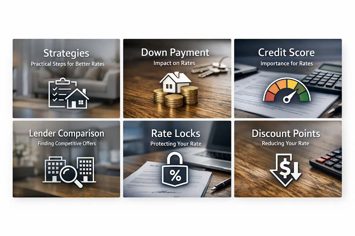 Infographic detailing strategies for securing better mortgage rates, including credit score, down payment, and lender comparison.