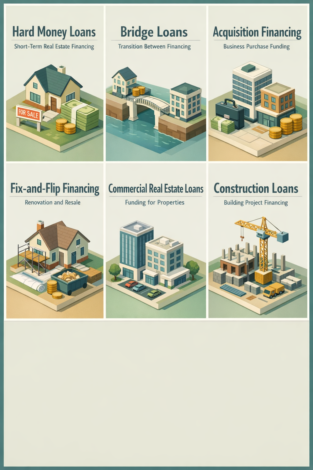 Infographic showing types of private money lending including hard money loans, bridge loans, and acquisition financing.