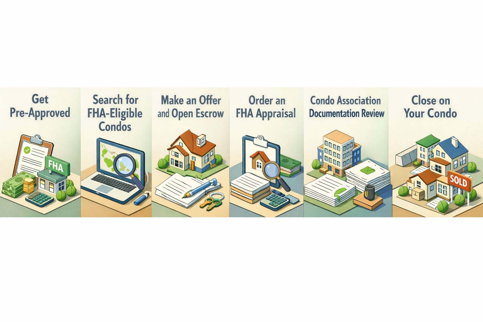 Step-by-step overview of the FHA condo purchase process including pre-approval, searching, making an offer, and closing.