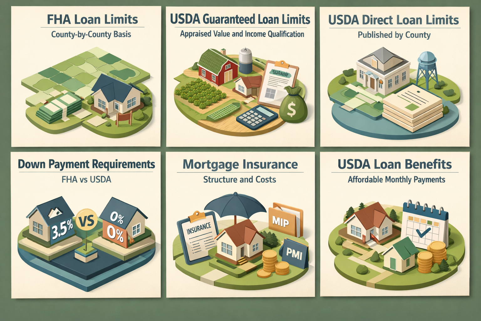 Comparison of FHA loan limits and USDA limits for rural homebuyers, including down payment and mortgage insurance differences.