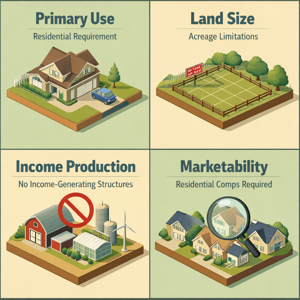Infographic on USDA loan eligibility factors including primary use, land size, income production, and marketability requirements.