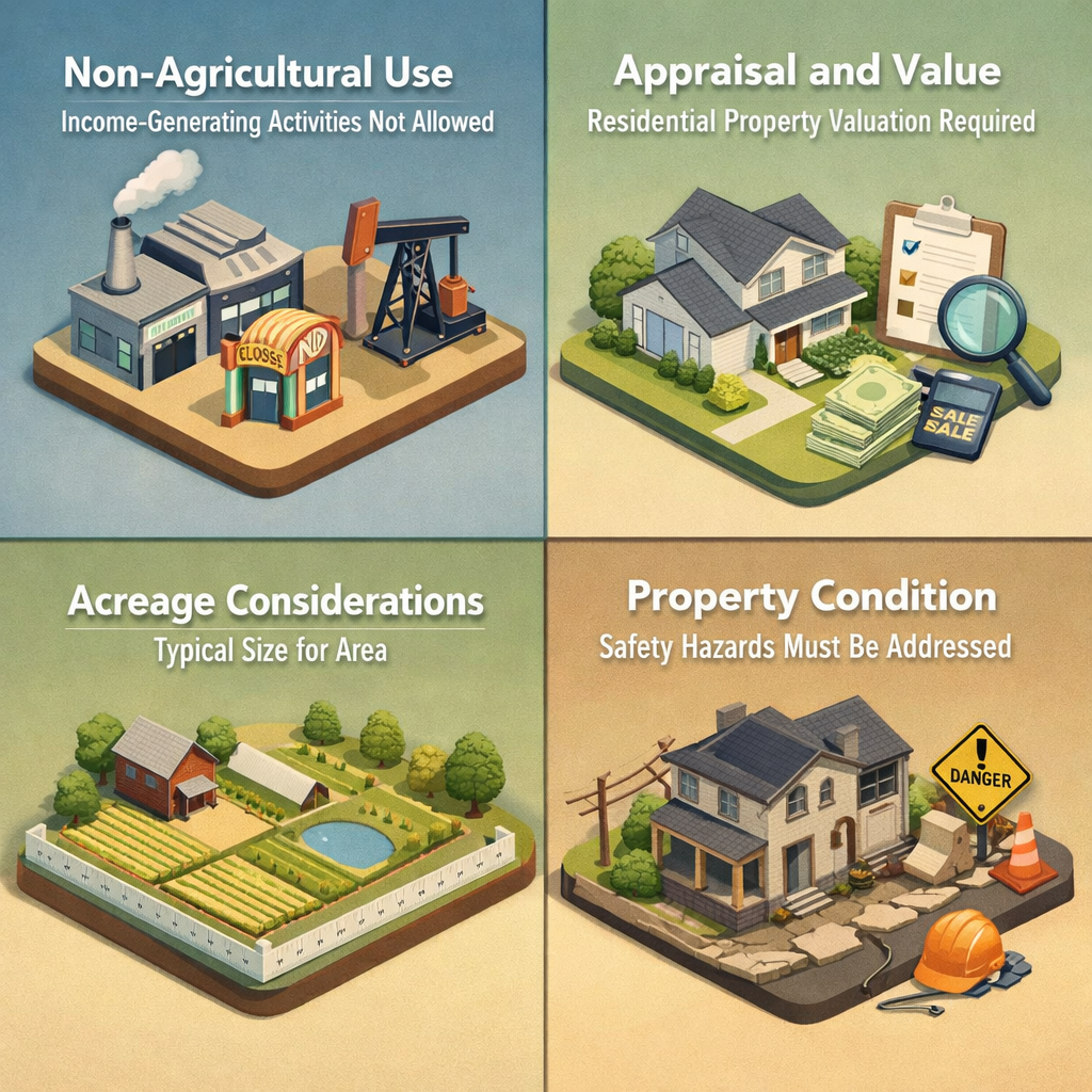 Infographic detailing USDA loan requirements for properties with barns, covering non-agricultural use, appraisal, acreage, and property condition.