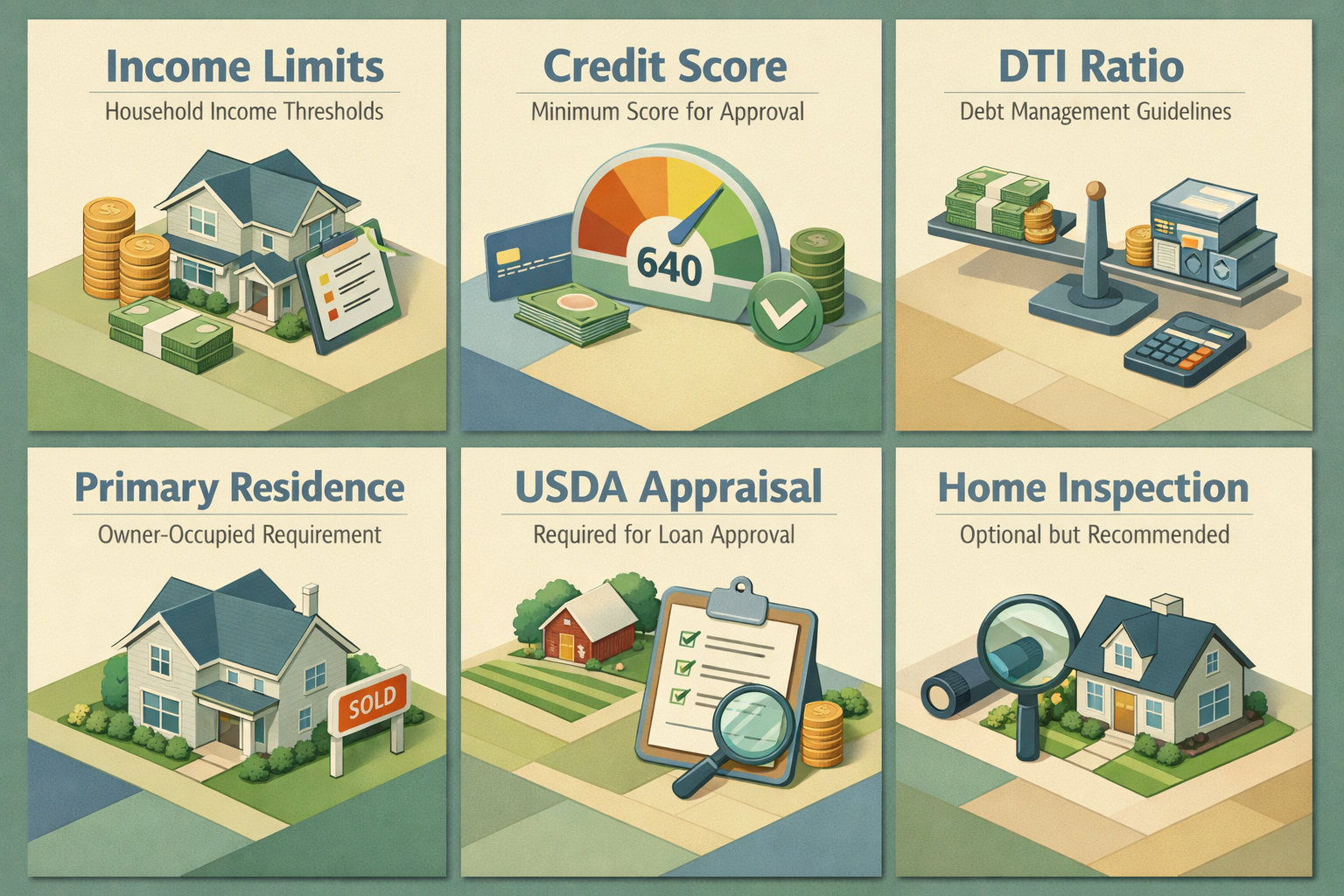 Infographic detailing USDA loan eligibility criteria including income limits, credit score, DTI ratio, primary residence requirement, appraisal, and inspection.