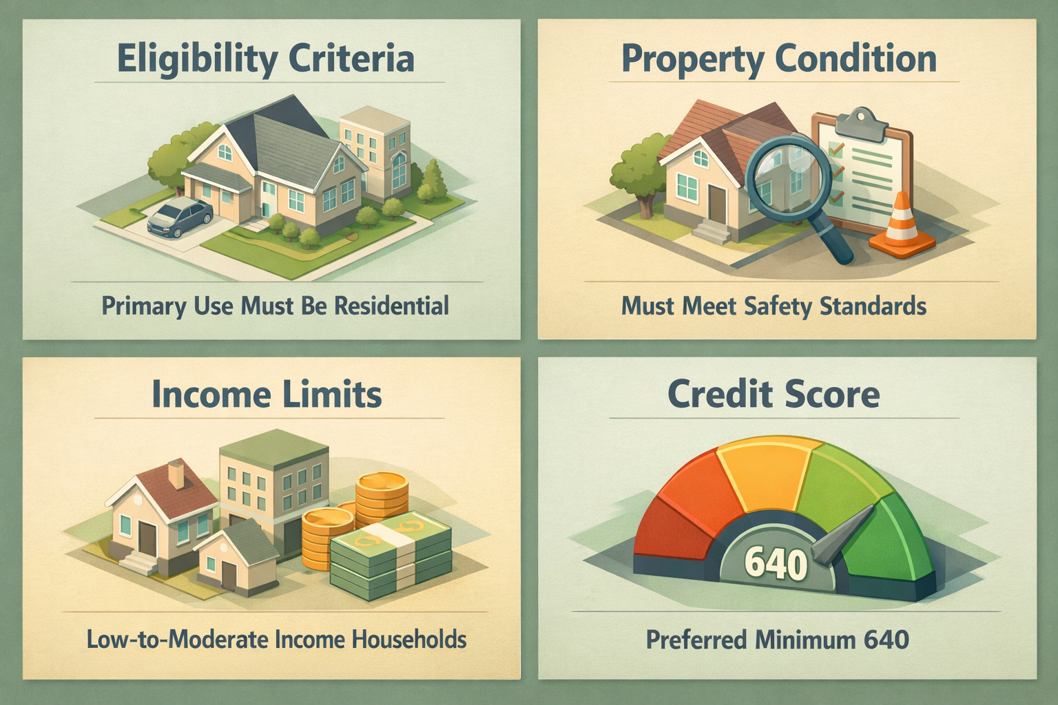 Infographic illustrating USDA loan eligibility criteria, property condition, income limits, and credit score expectations.