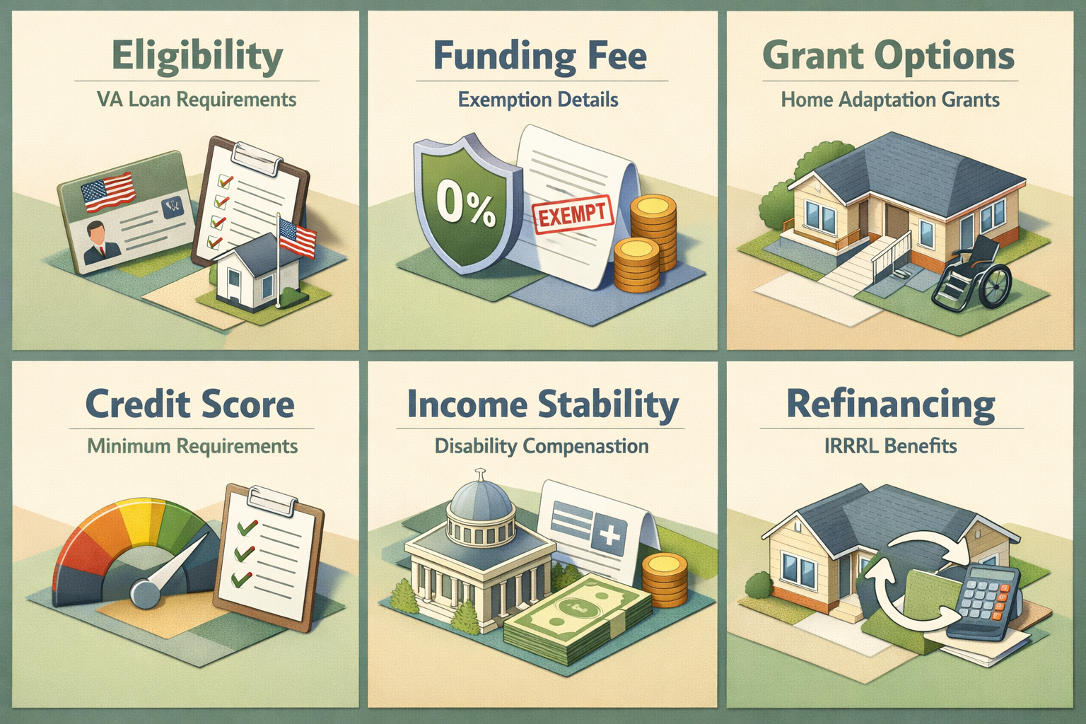 Infographic detailing VA loan eligibility, funding fee exemption, home adaptation grants, credit score requirements, income stability, and refinancing options.