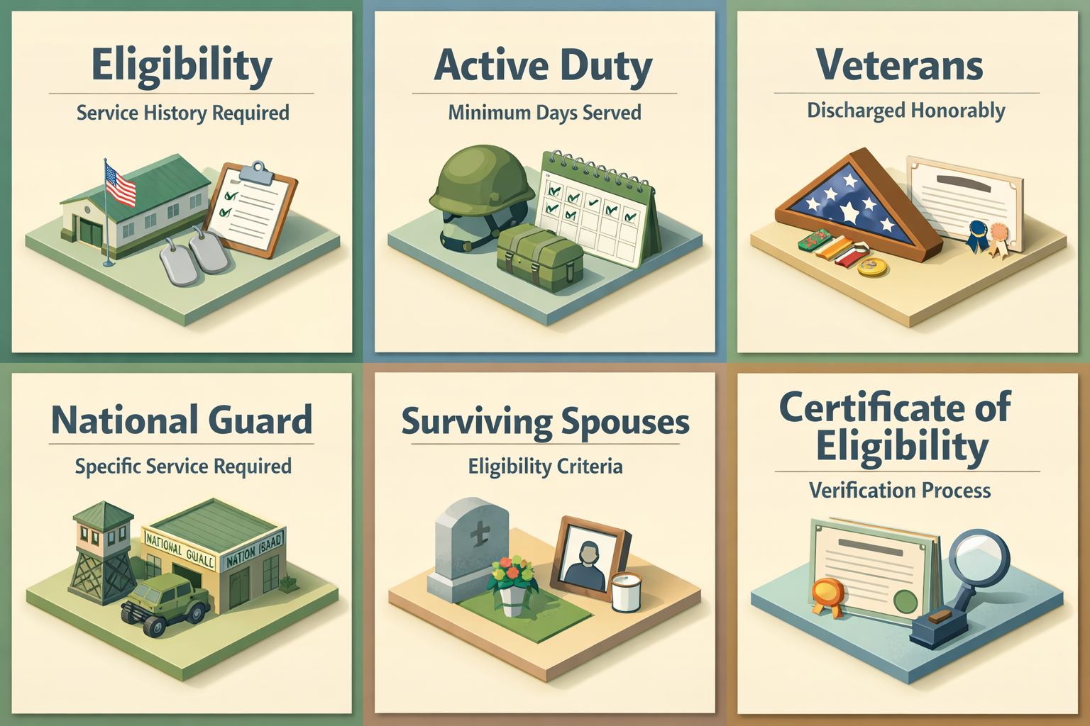 Infographic detailing VA loan eligibility for veterans, including service history, active duty, veterans, national guard, surviving spouses, and COE process.