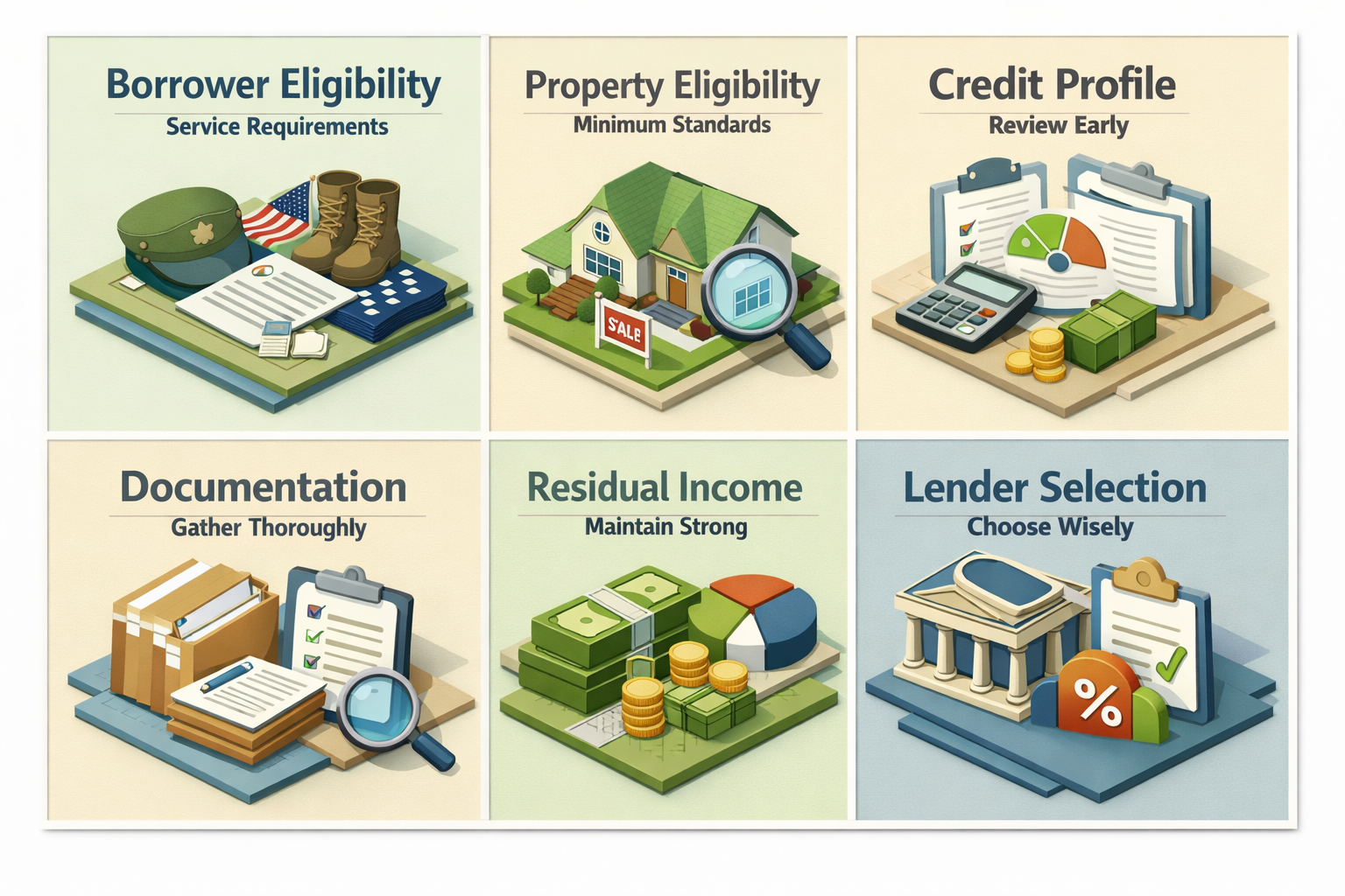 Visualizing VA loan eligibility requirements for straw-bale homes, covering borrower and property criteria, credit, documentation, and lender selection.