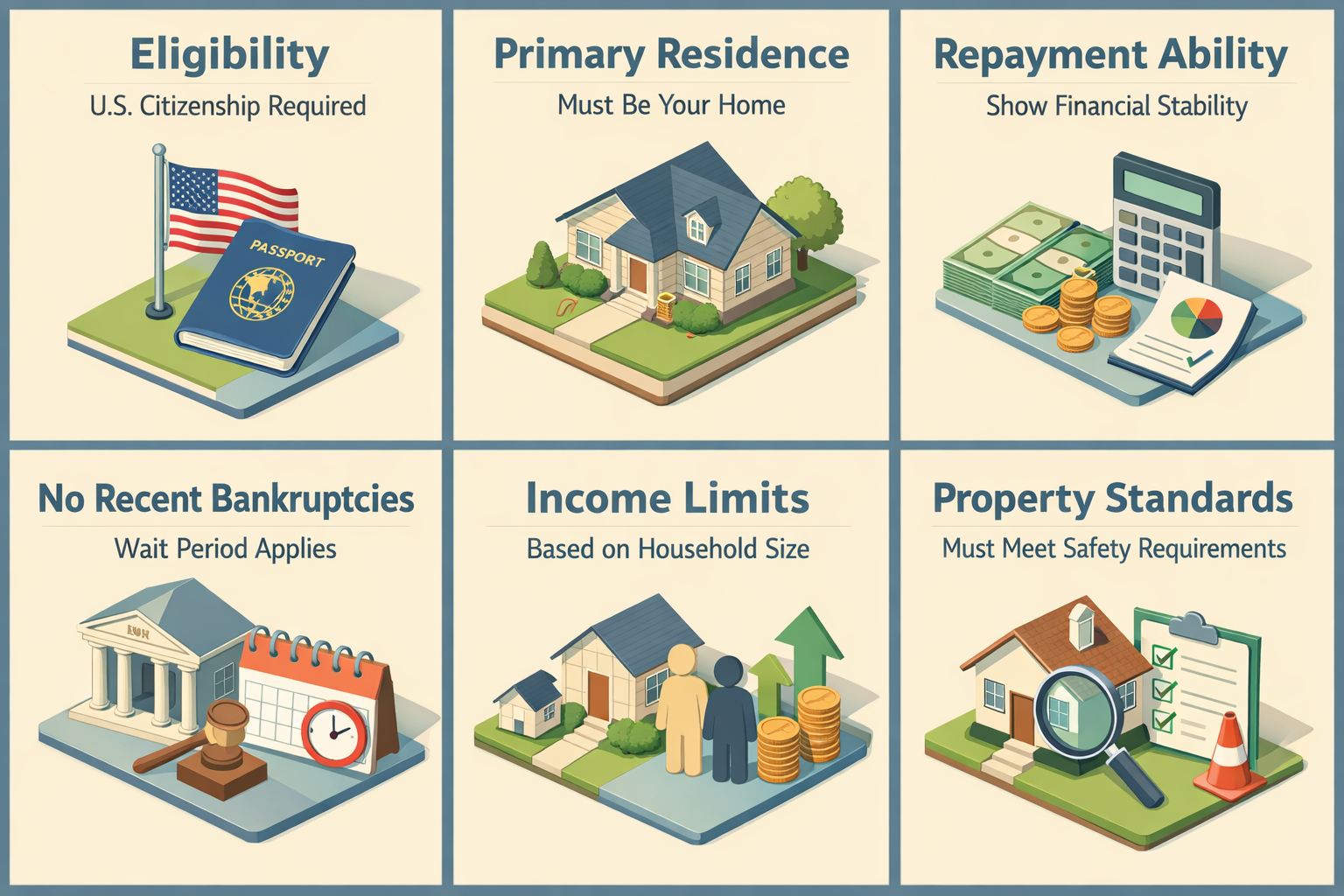Infographic detailing USDA loan eligibility requirements including citizenship, primary residence, repayment ability, and income limits.