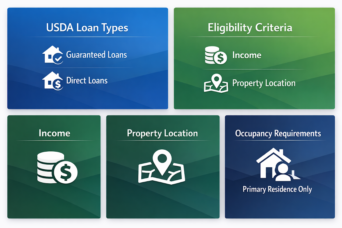Infographic detailing USDA loan types, eligibility criteria, and occupancy requirements for potential borrowers.