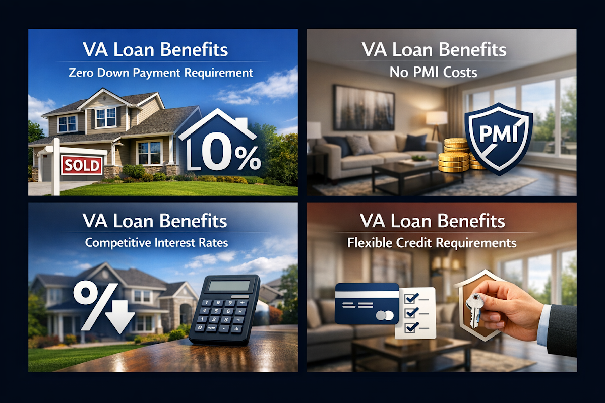 Visualizing VA loan benefits including zero down payment, no PMI costs, competitive interest rates, and flexible credit requirements.