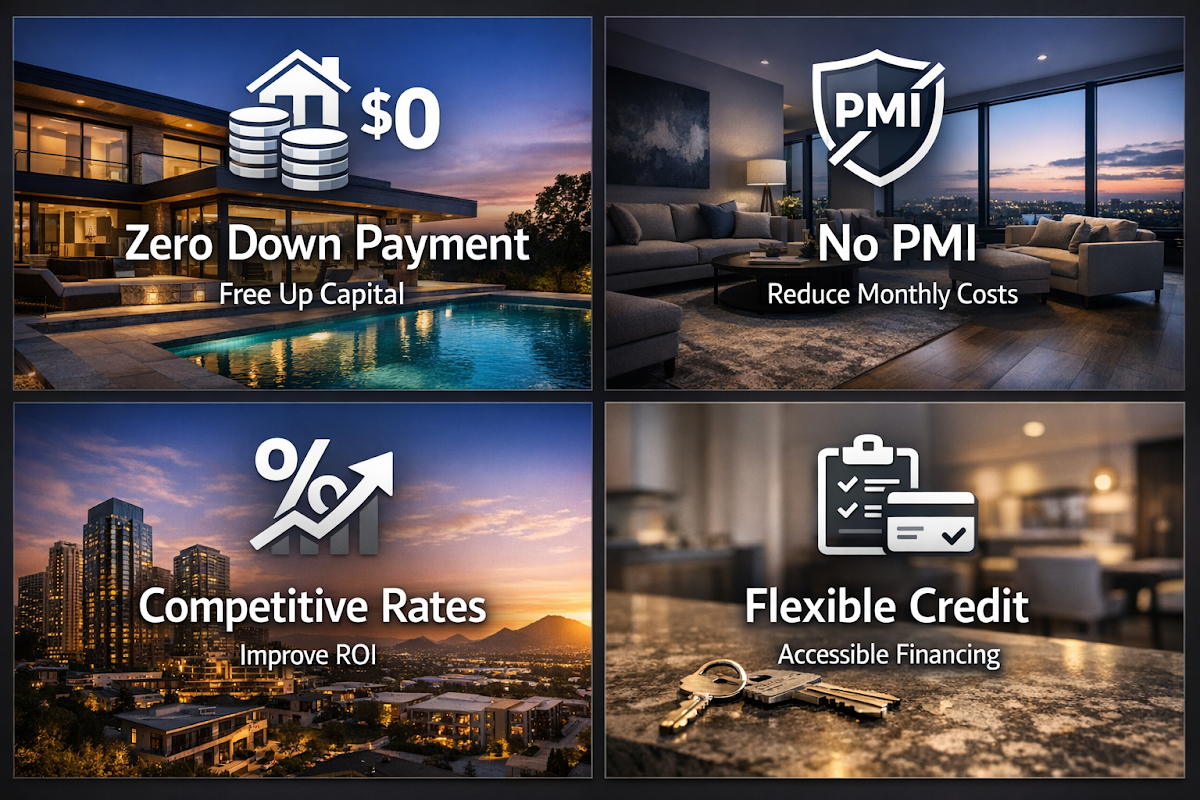 Infographic showing VA loan benefits including zero down payment, no PMI, competitive rates, and flexible credit for investors.