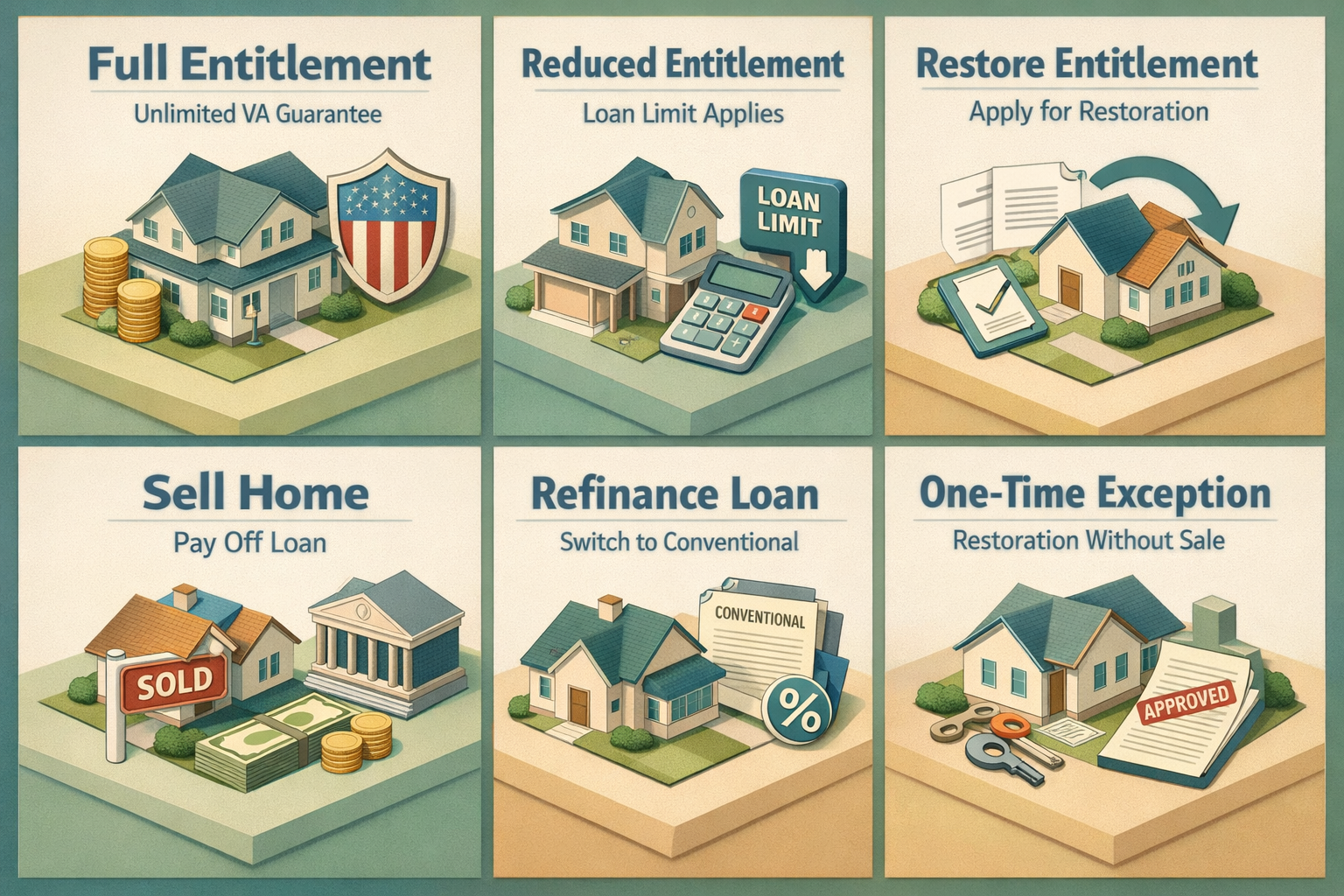 Infographic explaining Full Entitlement, Reduced Entitlement, and how to restore VA loan entitlement with key steps and conditions.