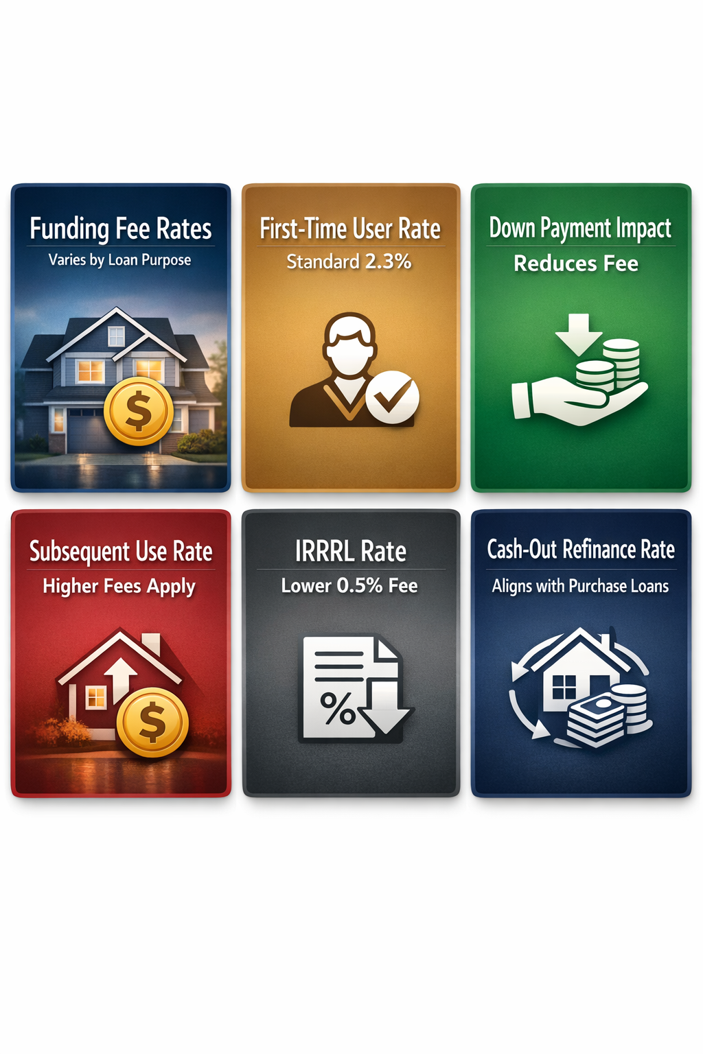 Infographic showing VA loan funding fee rates for first-time users, down payment impacts, and IRRRL rates.