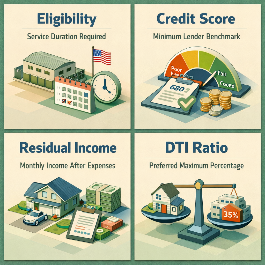 Infographic showing VA loan eligibility criteria, credit score benchmarks, residual income requirements, and DTI ratio preferences.