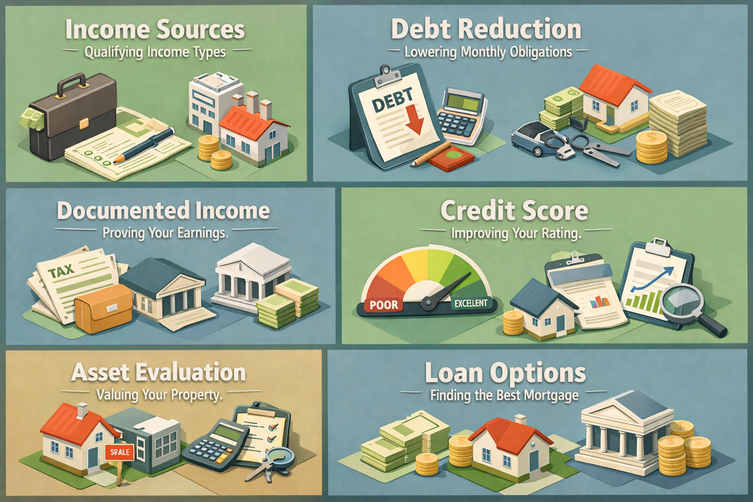 Infographic on income sources for VA loans, debt reduction strategies, and documenting income for veterans applying for loans.