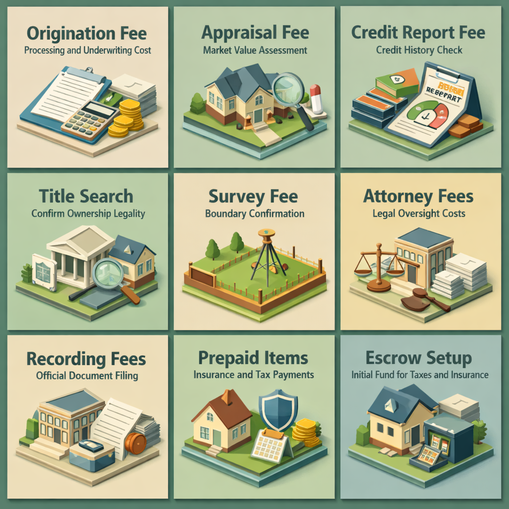 Infographic showing common conventional loan fees breakdown including origination, appraisal, credit report, title search, and more.