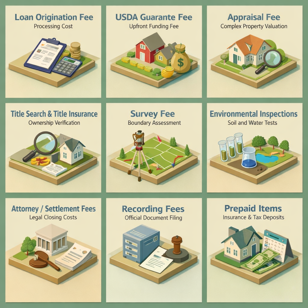 Infographic detailing common closing costs for USDA loans on multi-unit farm properties including fees and inspections.