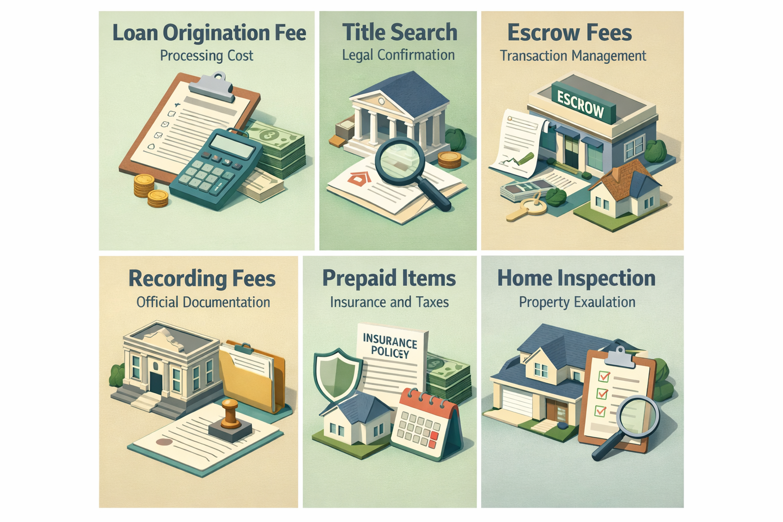 Infographic detailing standard closing costs for USDA loans including fees for loan origination, title search, escrow, recording, prepaid items, and home inspection.