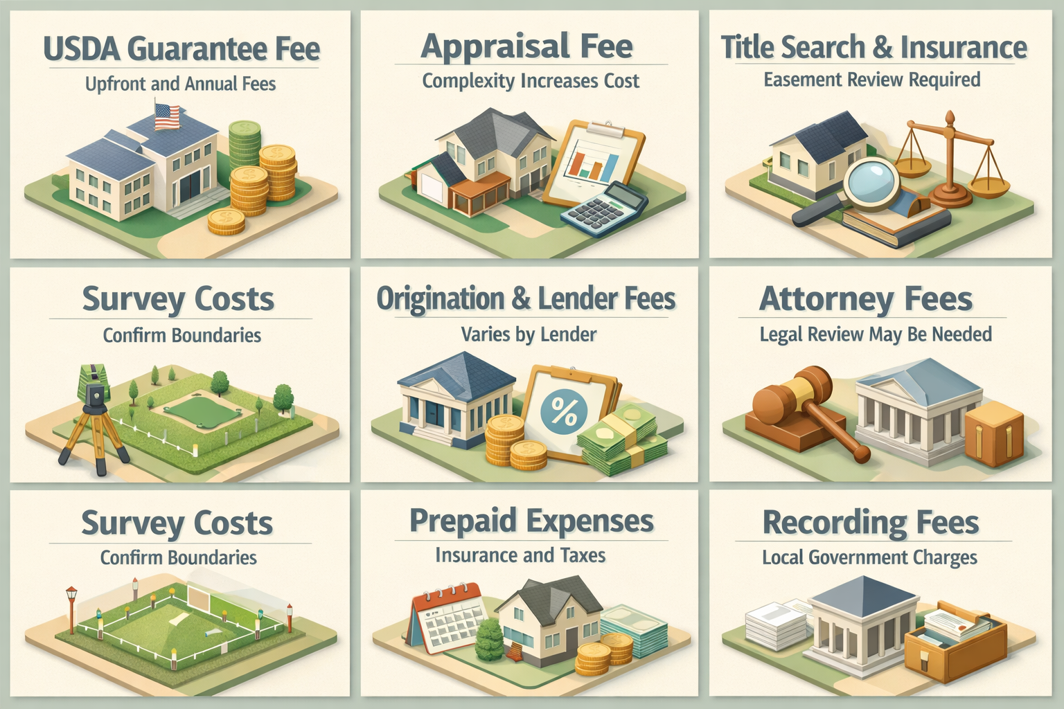 Infographic detailing closing costs for USDA loans with conservation easements, including fees for appraisal, title, and attorney services.
