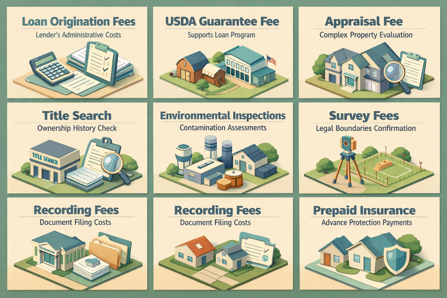 Infographic detailing common closing costs for USDA farm loans including fees for appraisal, title search, and insurance.