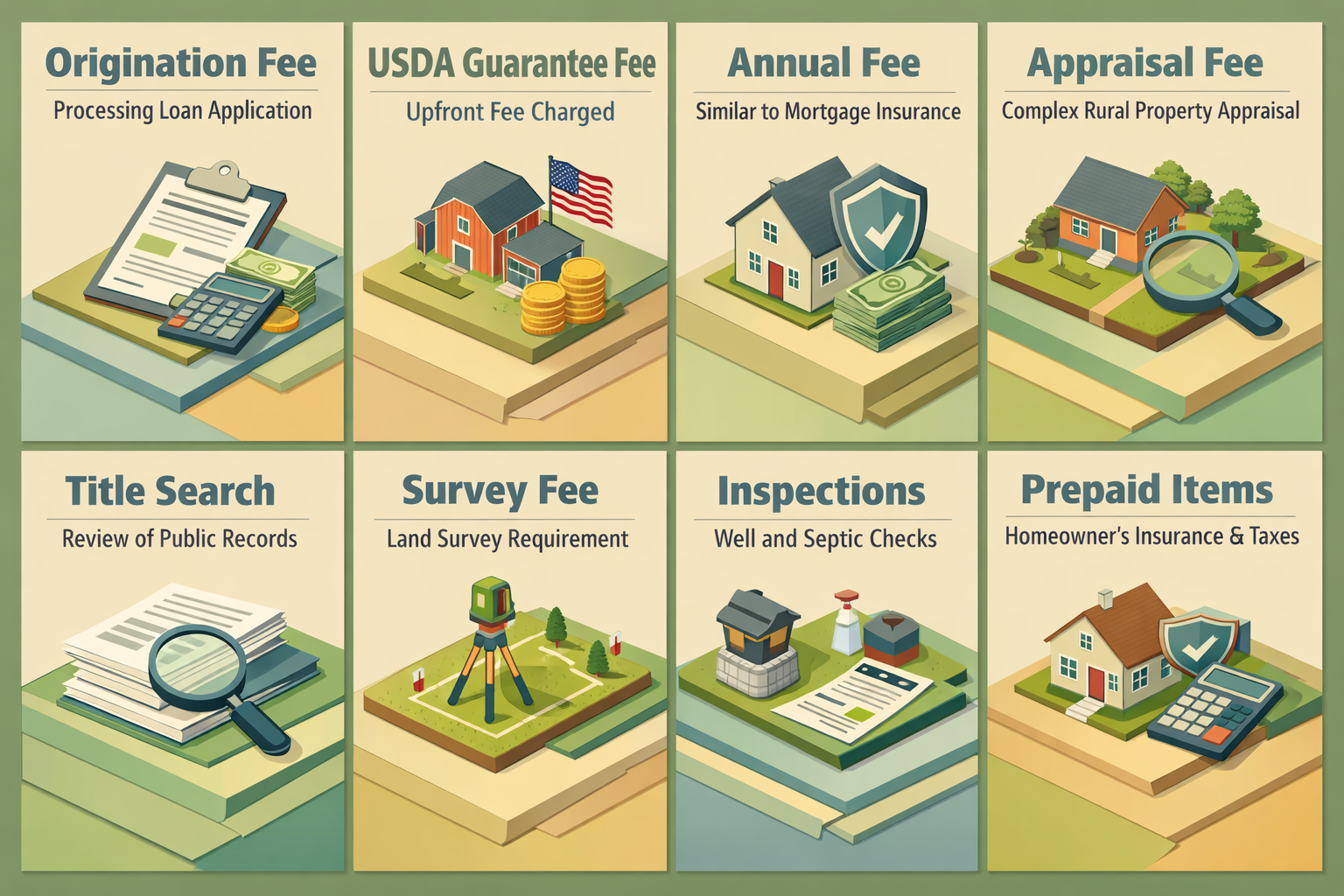 Infographic detailing closing costs for USDA loans including origination fee, guarantee fee, appraisal fee, and more.