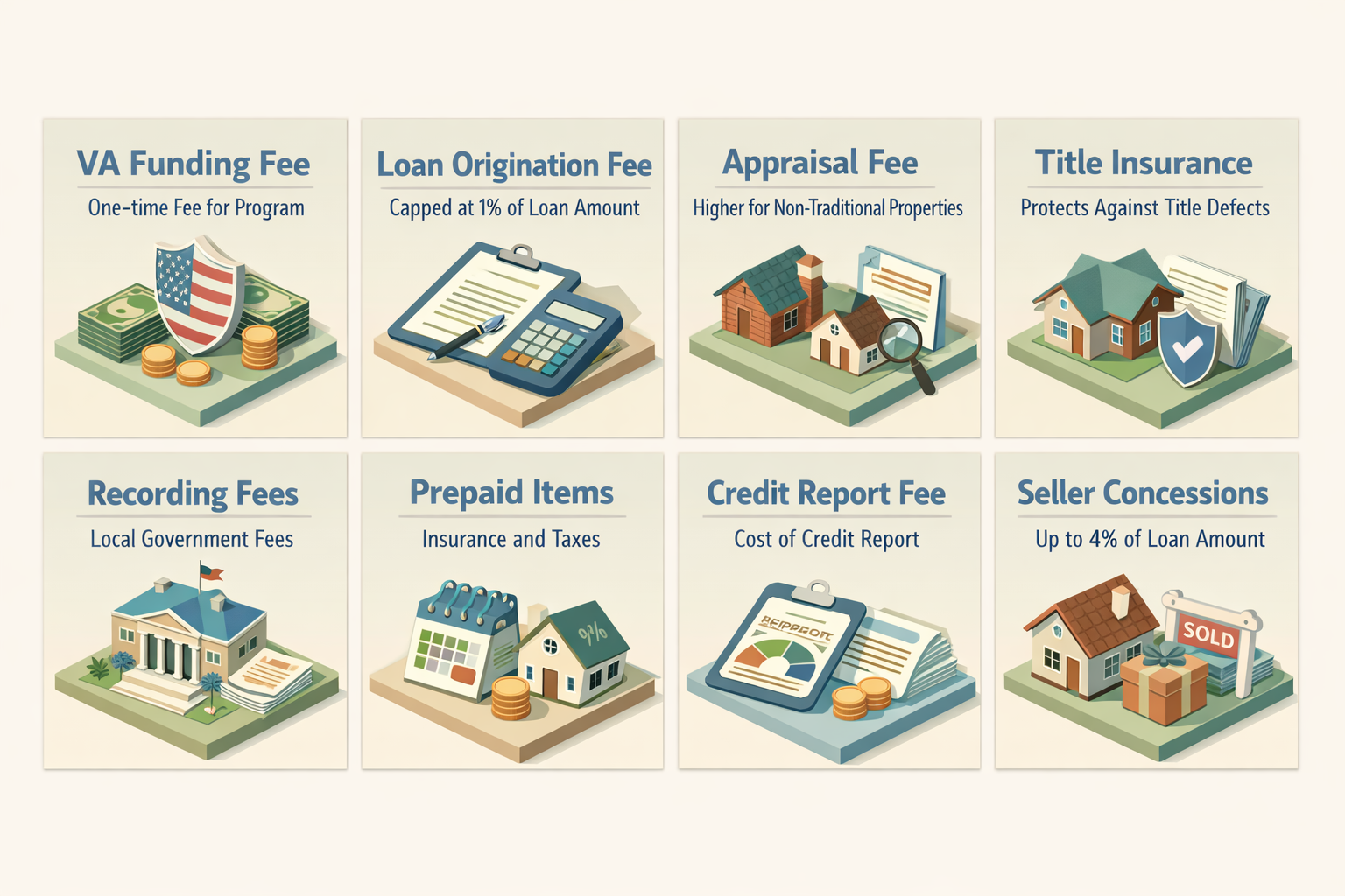 Infographic detailing closing costs for a VA loan on a geodesic dome home, including various fees and seller concessions.