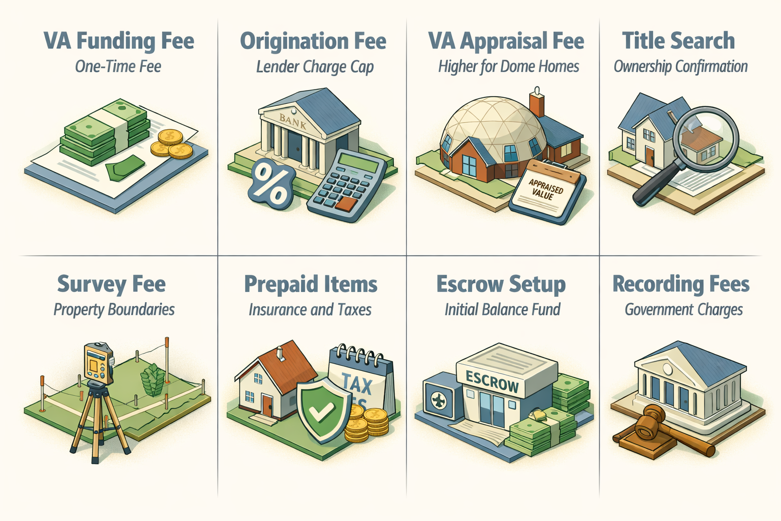 Infographic detailing VA loan closing costs for a geodesic dome home including funding fee, origination fee, appraisal fee, and more.
