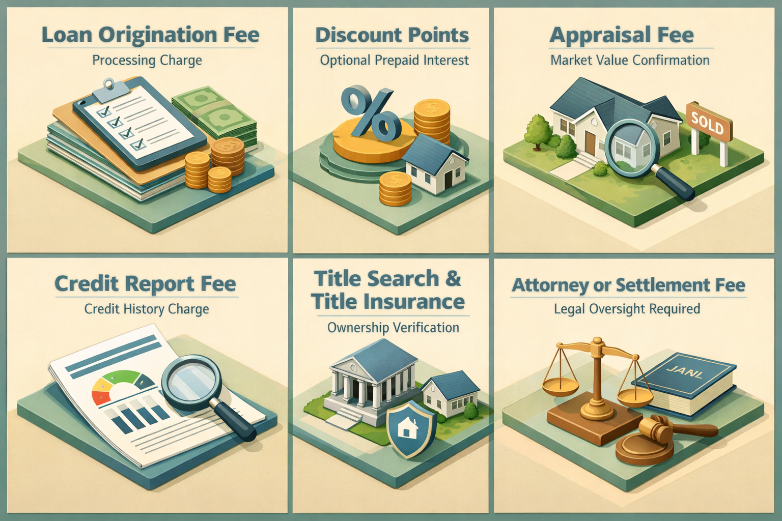 Infographic detailing core fees on a conventional loan closing disclosure including origination fee, appraisal fee, and more.