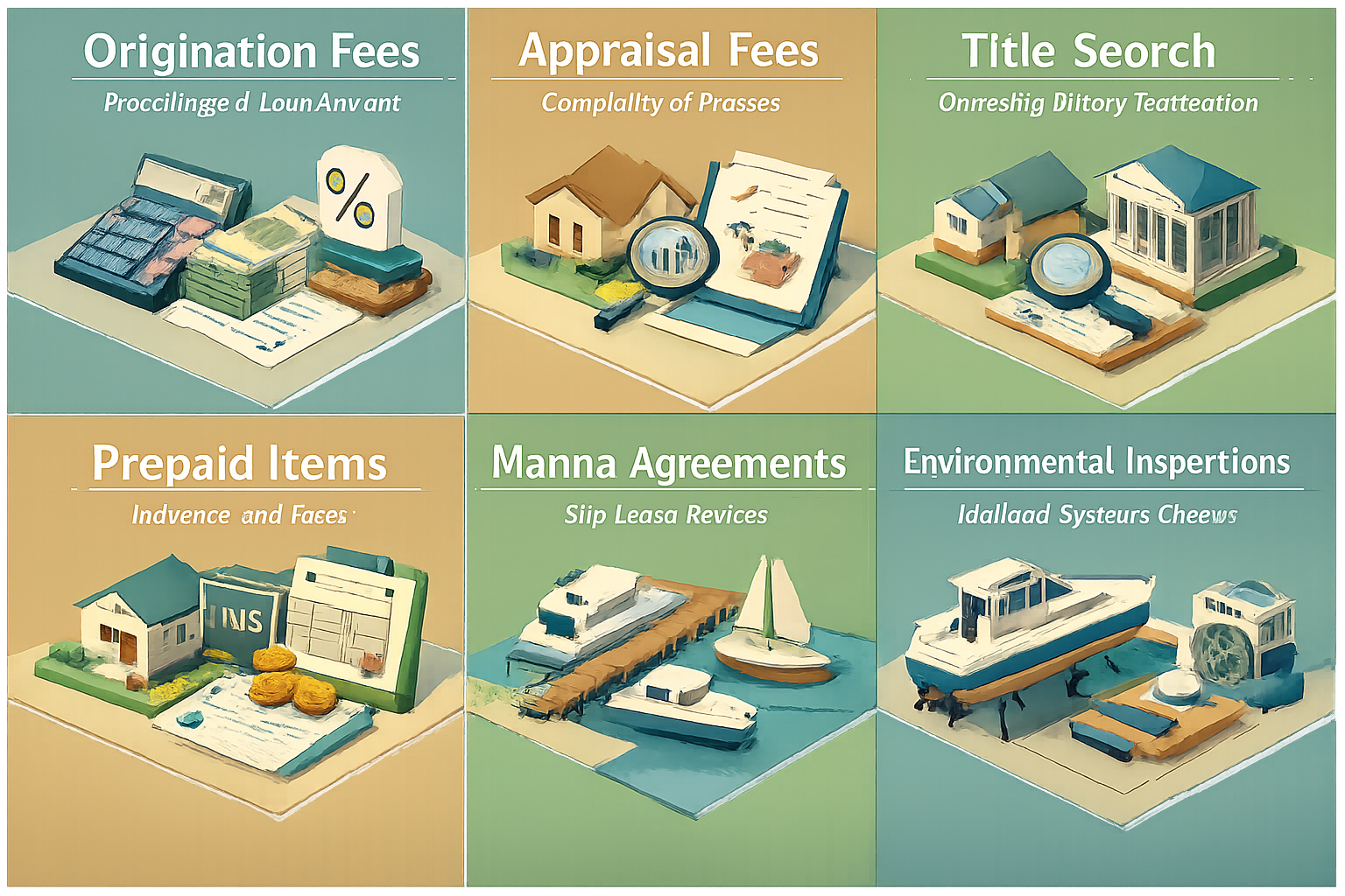 Infographic showing unique closing costs for houseboat mortgages including origination fees, appraisal fees, and inspections.