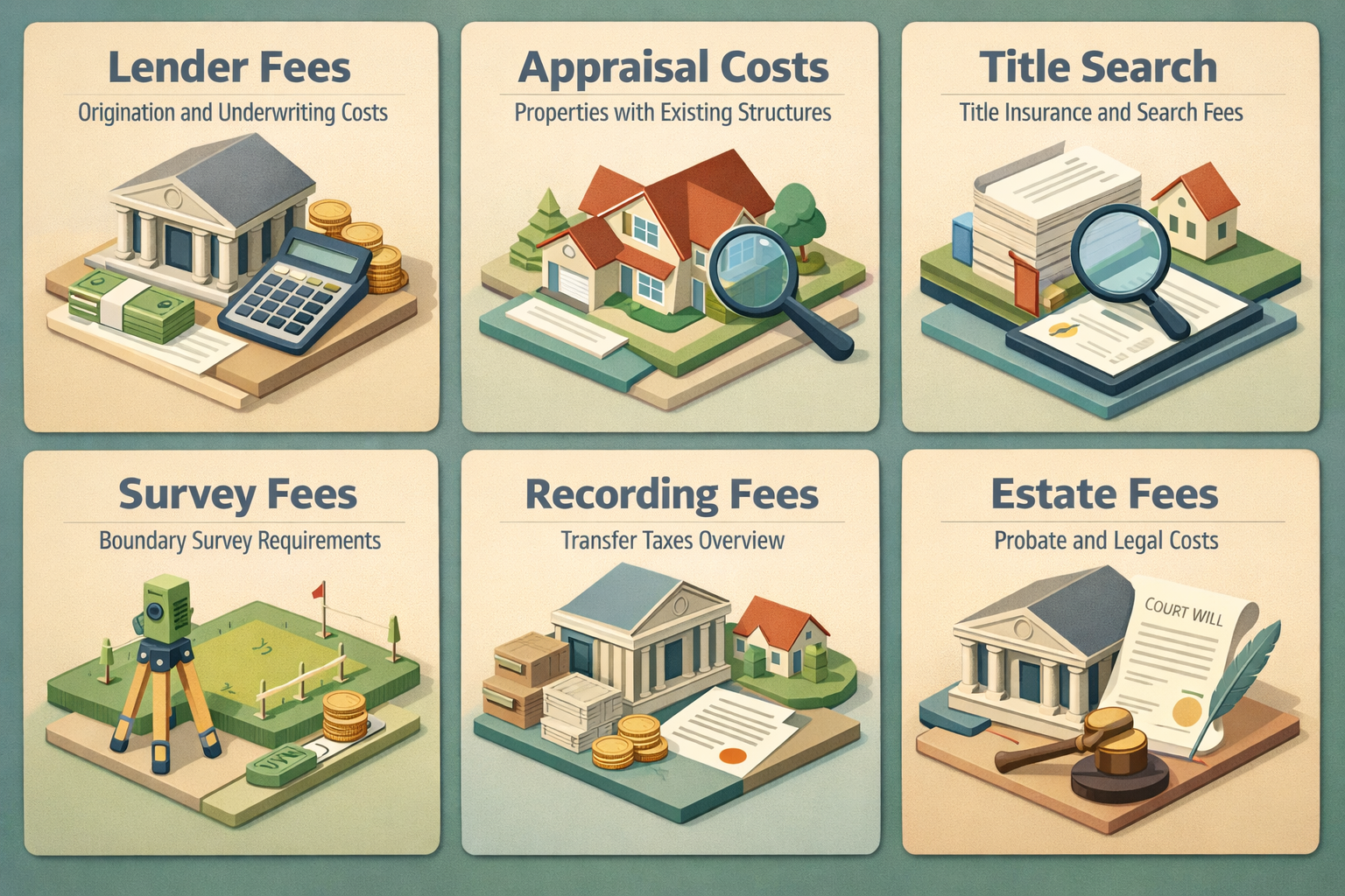 Infographic detailing closing costs for conventional loans on inherited land, covering lender fees, appraisal costs, title search, and more.