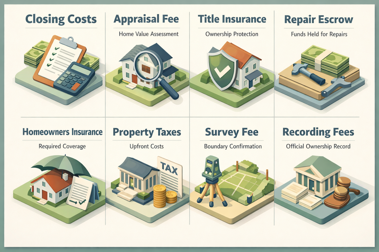 Infographic detailing standard closing costs for conventional loans including appraisal, title insurance, and repair escrow fees.