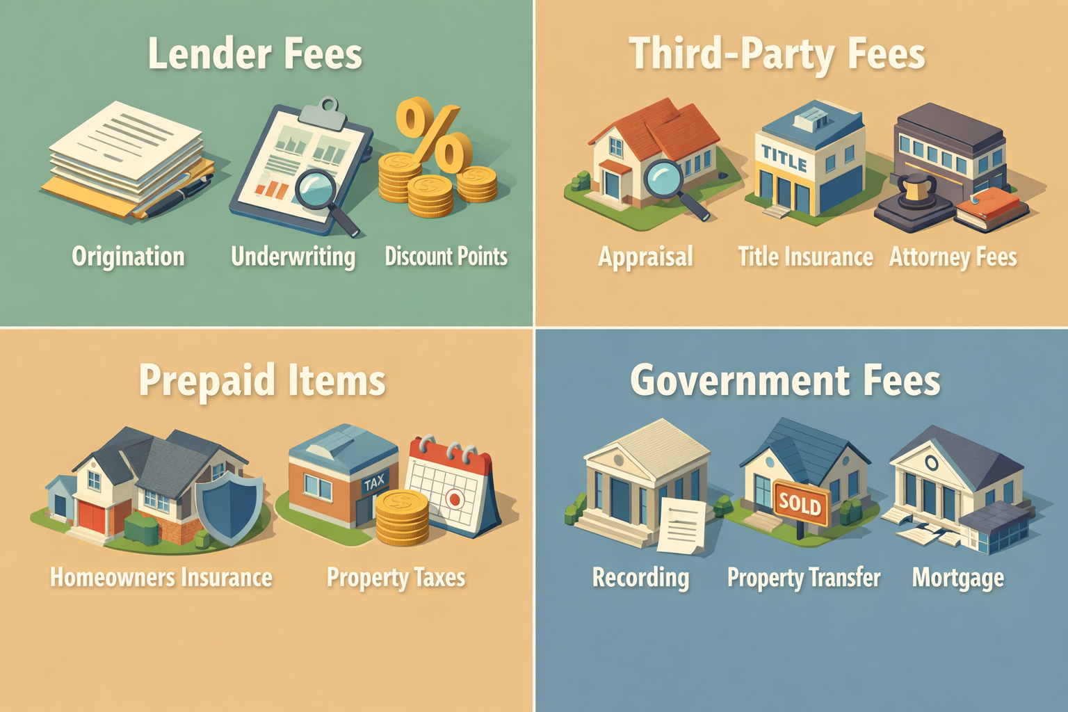 Infographic showing lender fees, third-party fees, prepaid items, and government fees for conventional mortgage closing costs.