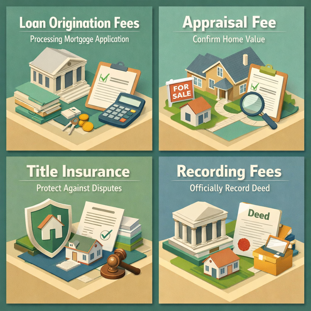 Infographic showing closing costs for a conventional loan including loan origination fees, appraisal fee, title insurance, and recording fees.