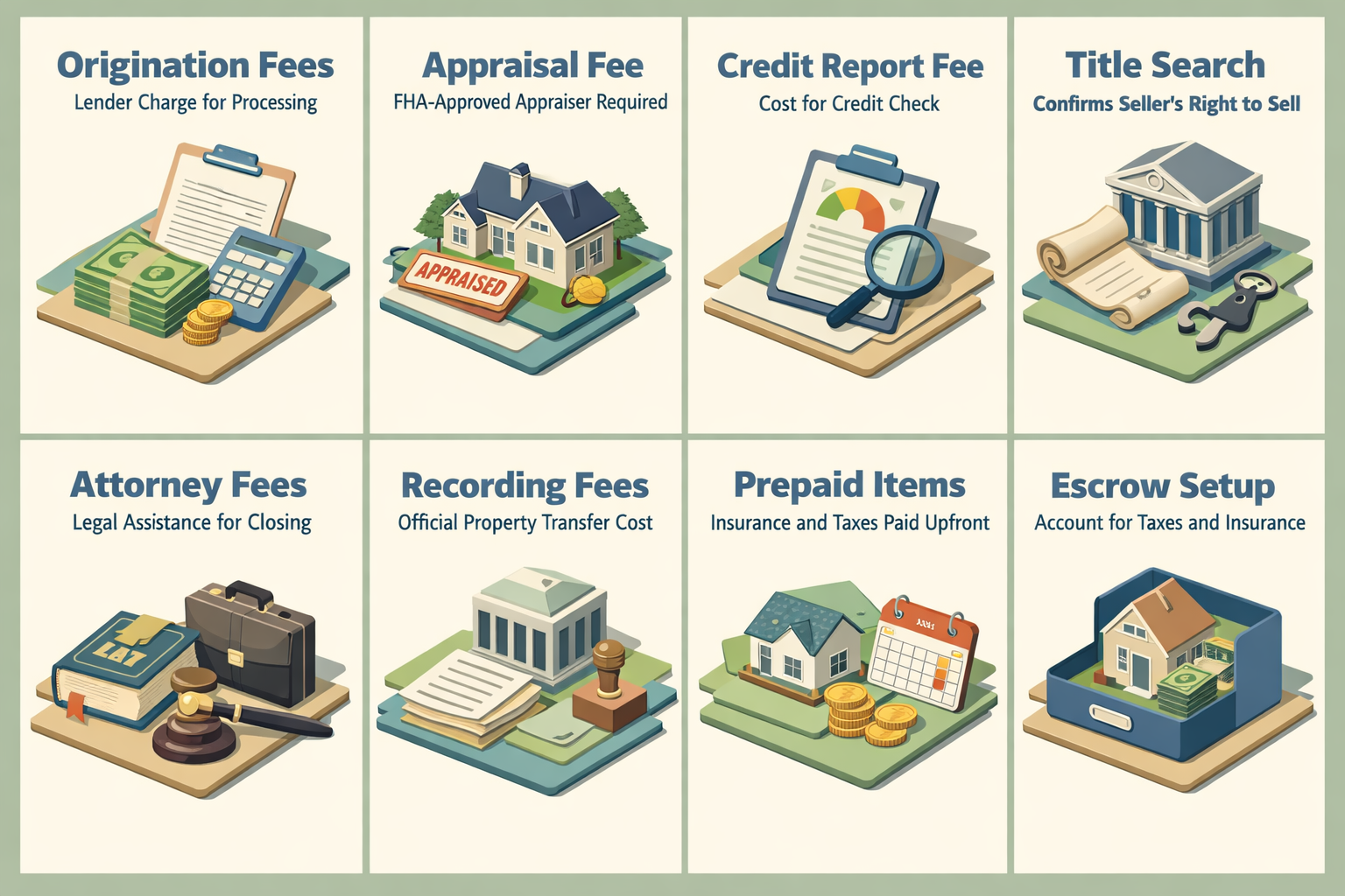 Infographic detailing common FHA condo loan fees including origination fees, appraisal, credit report, title search, and more.
