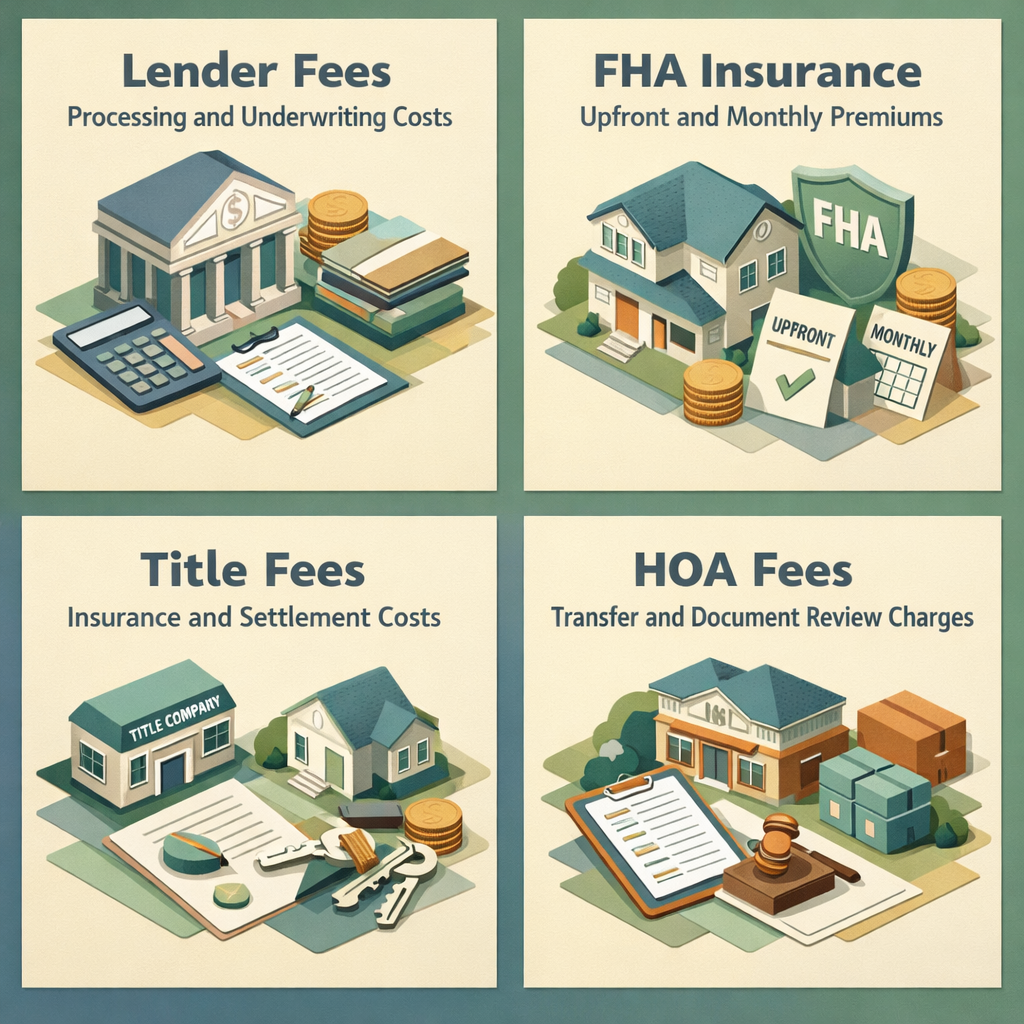 Infographic showing FHA condo closing costs breakdown including lender fees, FHA insurance, title fees, and HOA fees.