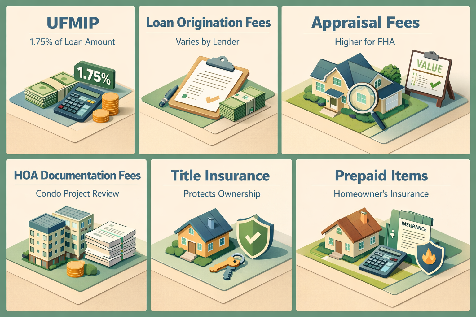 Infographic detailing FHA closing costs including UFMIP, origination fees, appraisal fees, HOA documentation, title insurance, and prepaid items.